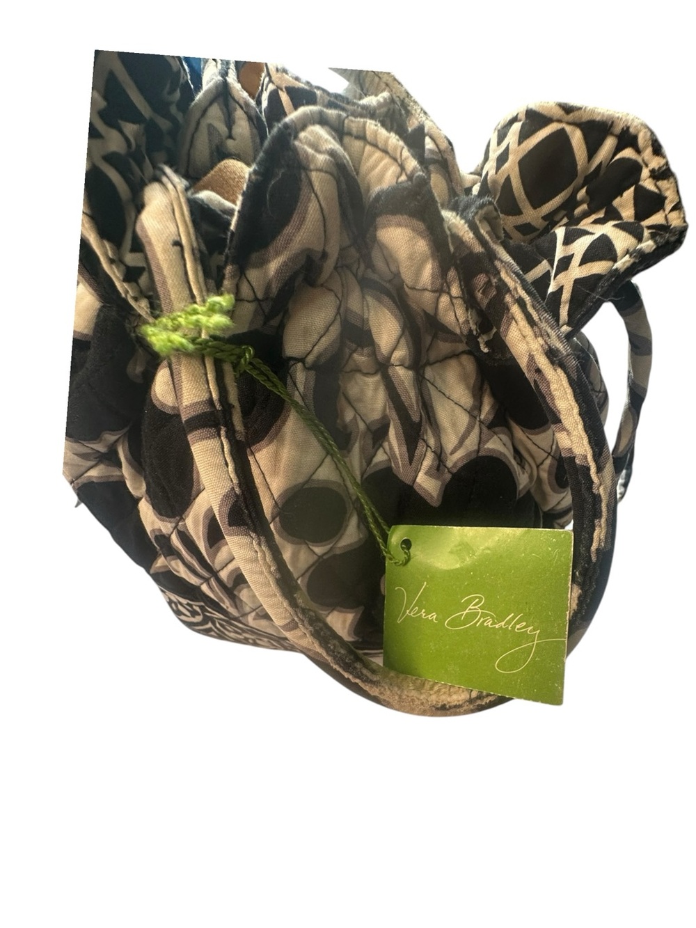 Vera Bradley Quilted Drawstring Handbag Tote Black Cream Floral Purse Retired - Picture 10 of 13